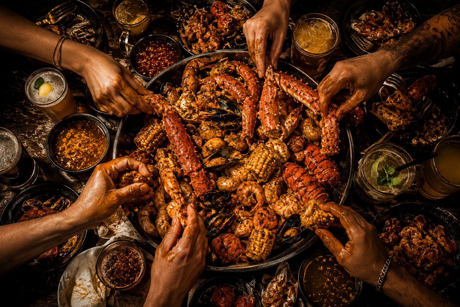 A abundância do Seafood Boil na mesa